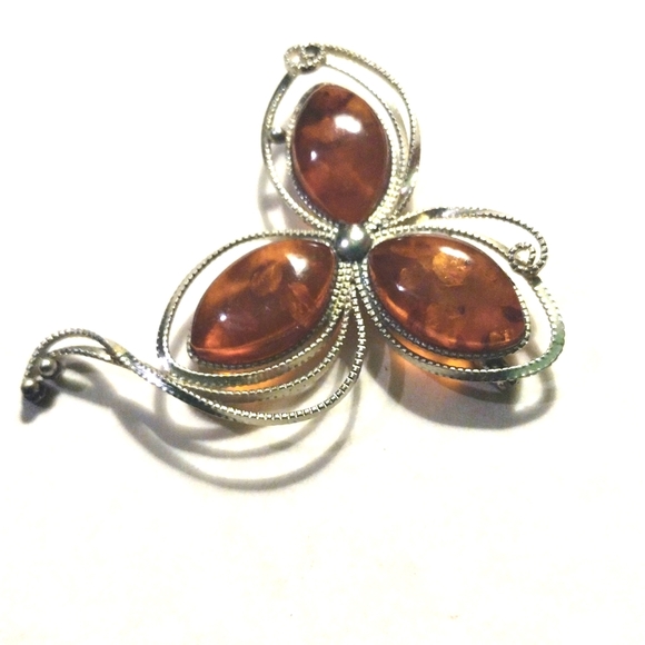 AMBER SILVER BROOCH PIN 2" - Picture 3 of 4